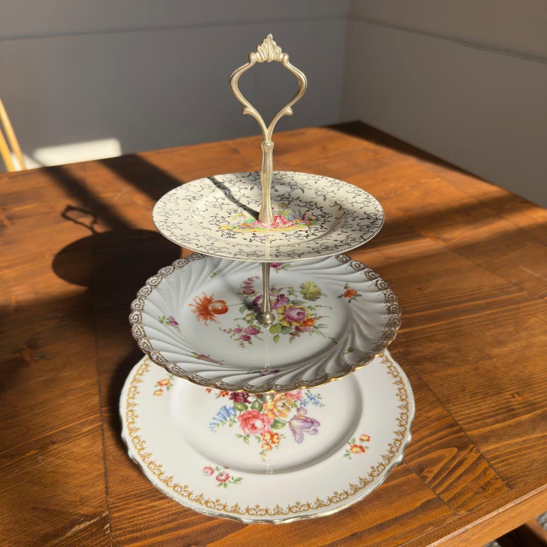 イギリス アンティーク 花柄 3段 ケーキスタンド