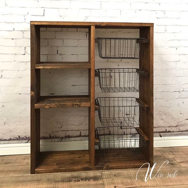 無垢材仕様のレトロワイヤーラック （ワイヤーバスケット4コ付）