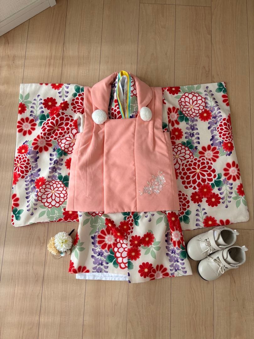七五三 着物セット 花柄 ピンク　簡単着付け