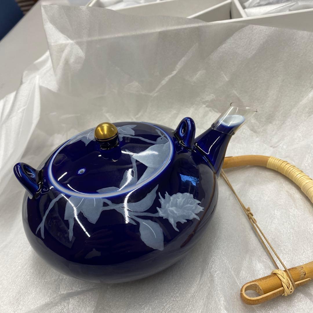 香蘭社　瑠璃白薔薇　蓋付茶器揃