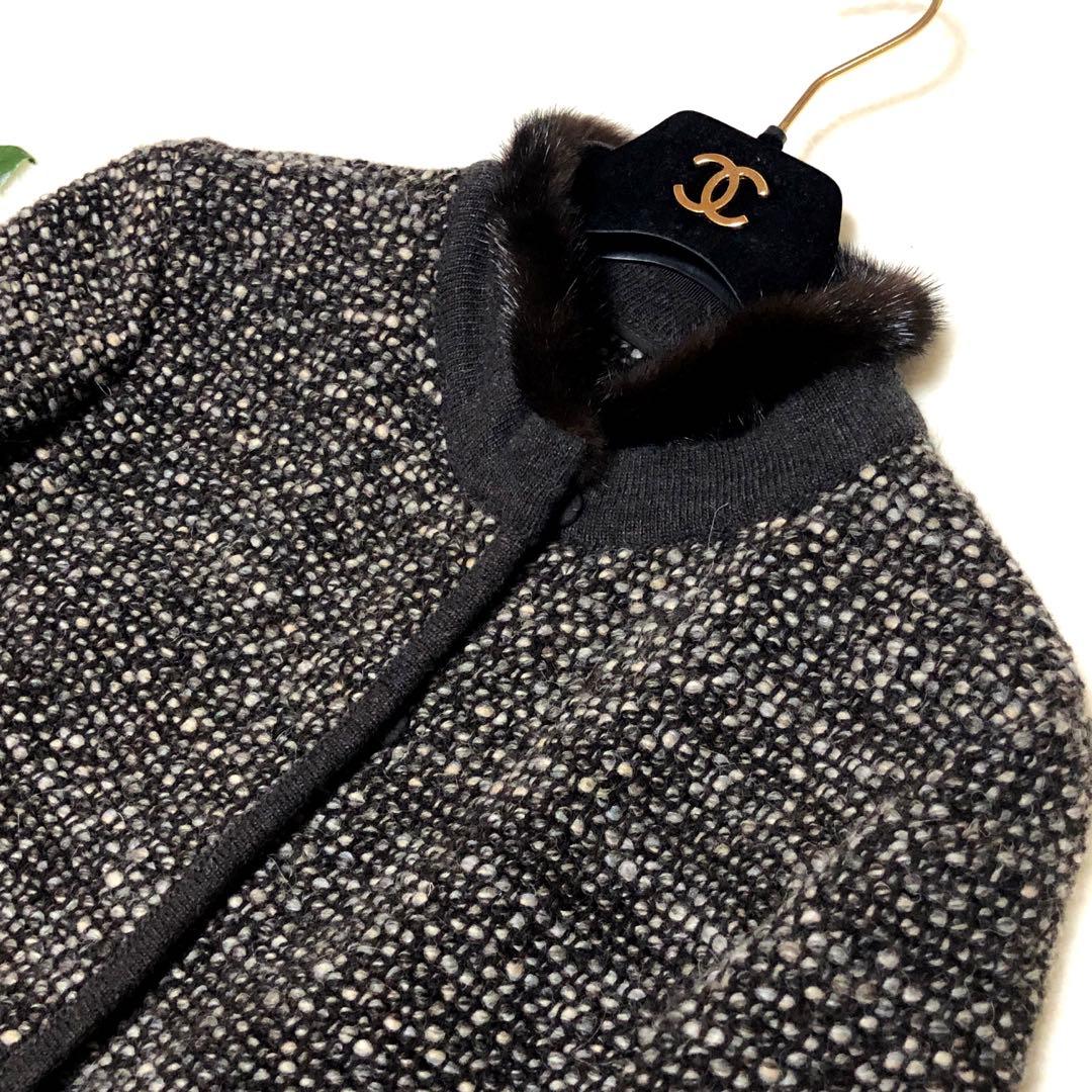 ⭕️美品　白タグ　マックスマーラ　ロングコート　ミンクファー　ツイード　ブラック系