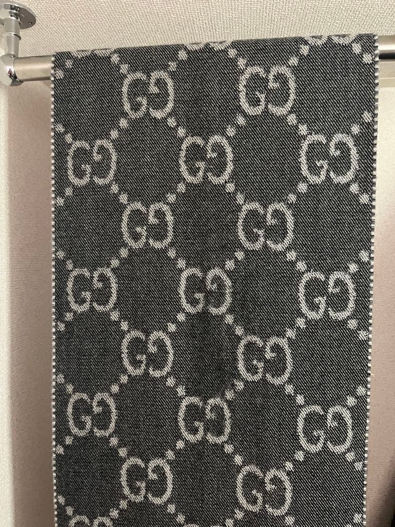 [美品] GUCCI GGロゴマフラー グレー フリンジ付き