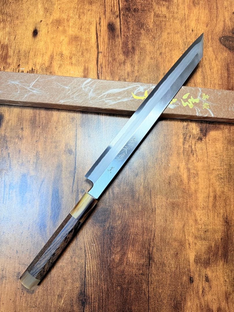 森本光一作　左用　刺身 切付　青鋼 紋鍛錬 尺　ウェンジ白水牛八角柄