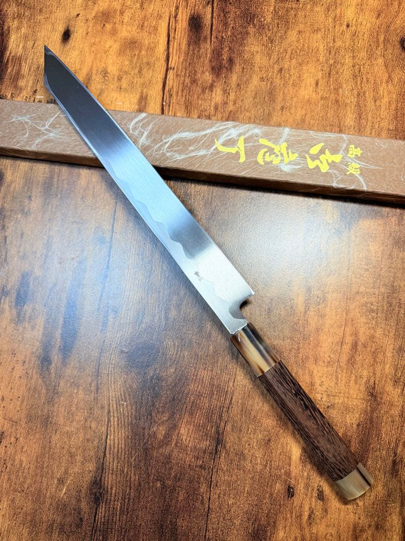 森本光一作　左用　刺身 切付　青鋼 紋鍛錬 尺　ウェンジ白水牛八角柄