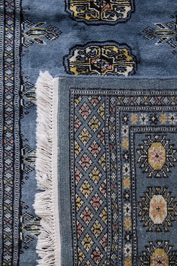 新品　パキスタン絨毯　トライバルラグ　ラホール産（188×124cm）青　グレー