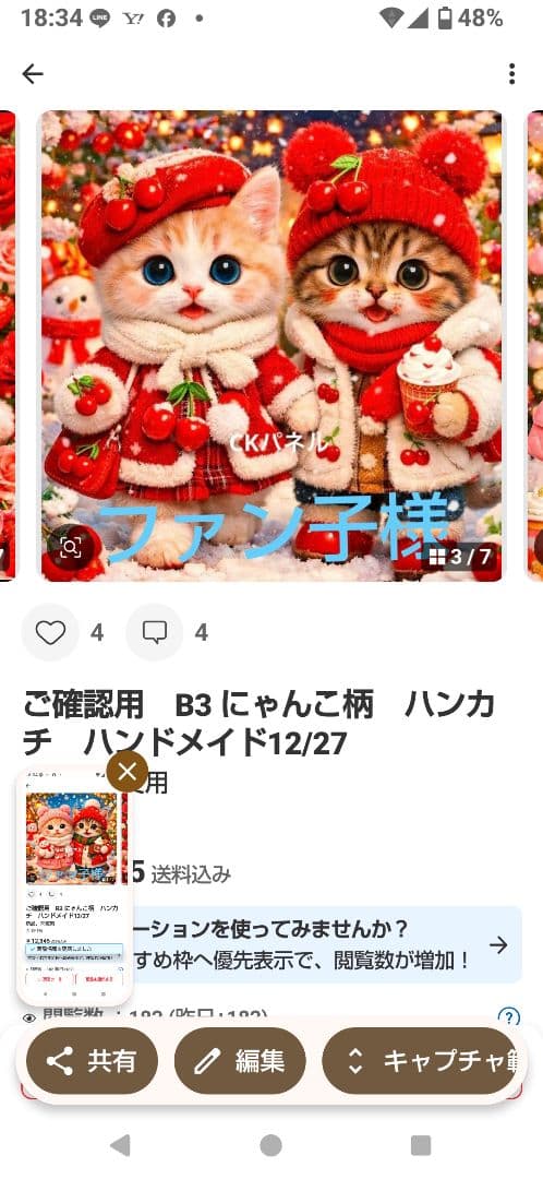 ご確認用　ファン子　ハンカチ　ねこちゃん柄12/28