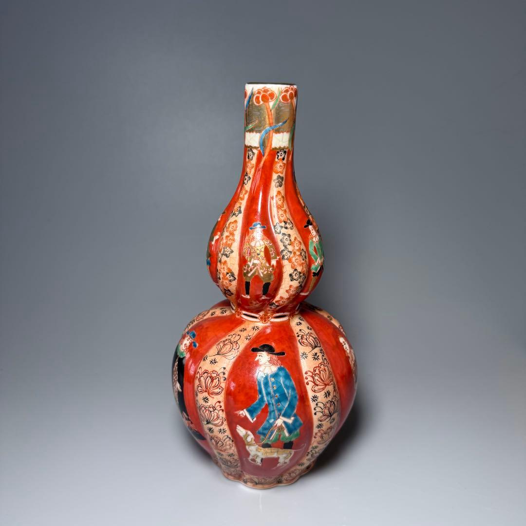 幕末〜明治期　アンティーク薩摩　異人図祥瑞瓢箪形花瓶　箱　布　里帰り品