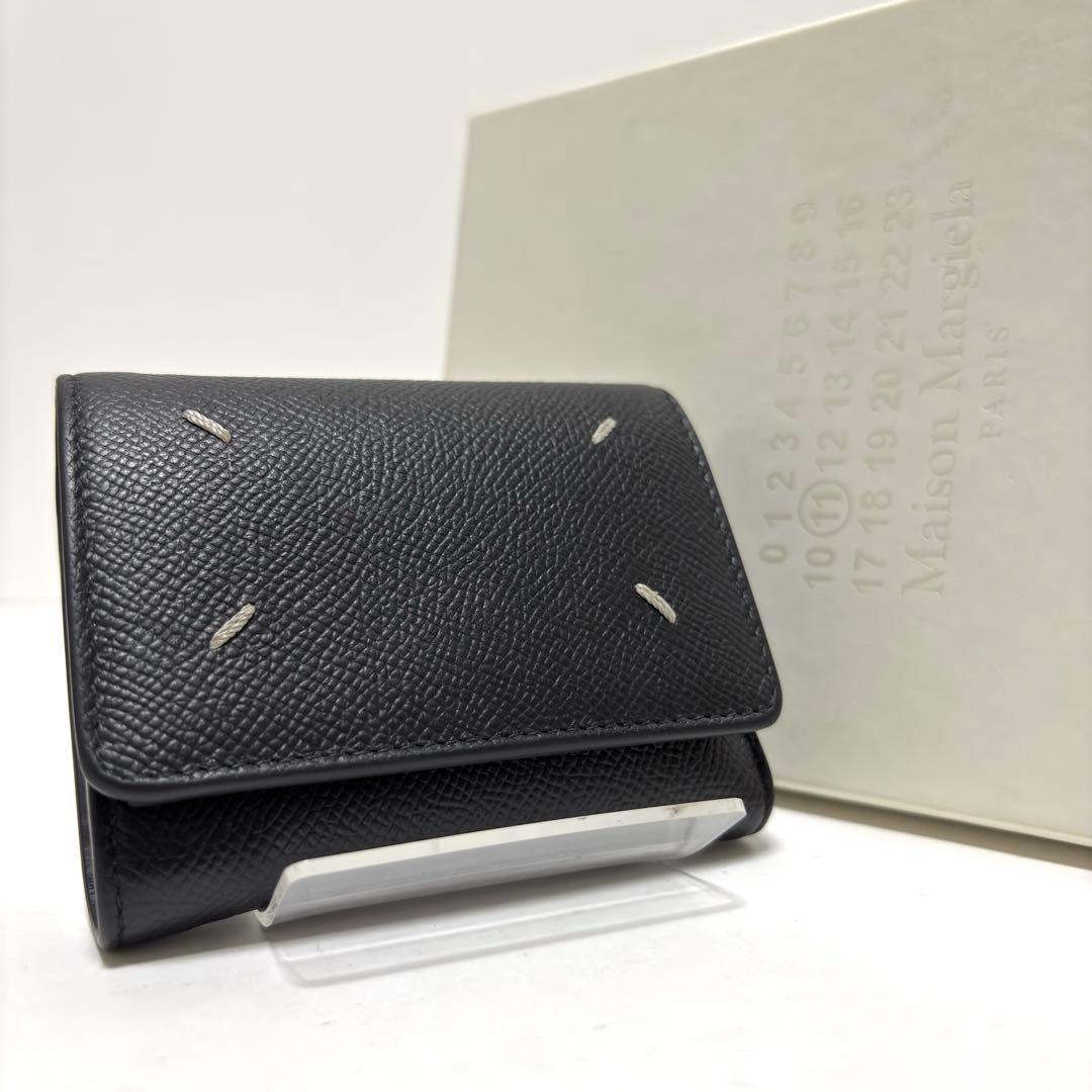 541✨美品✨メゾンマルジェラ 三つ折り財布 4ステッチ レザー ブラック 黒