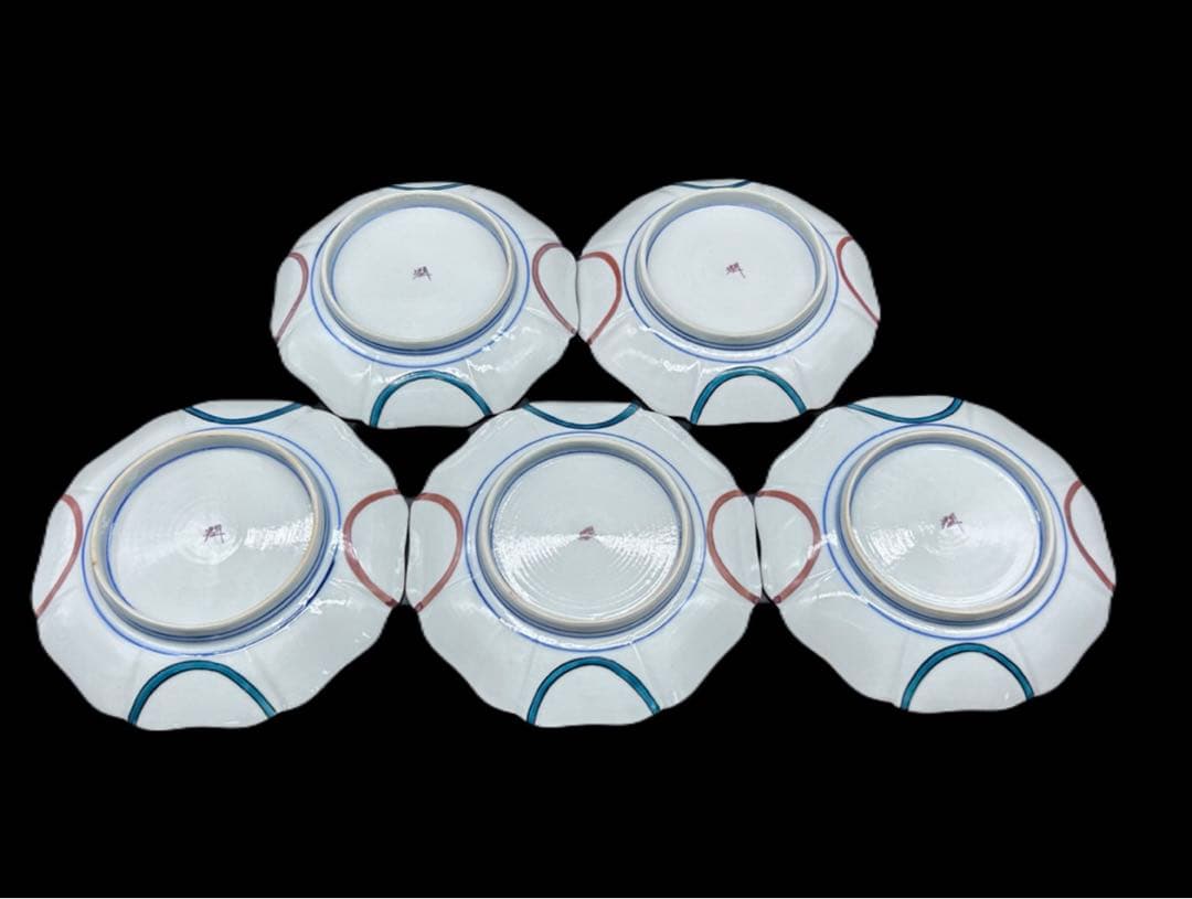 九谷焼 武腰潤 皿揃 色絵絵変り文 柘榴 茄子 蝶 輪花　408