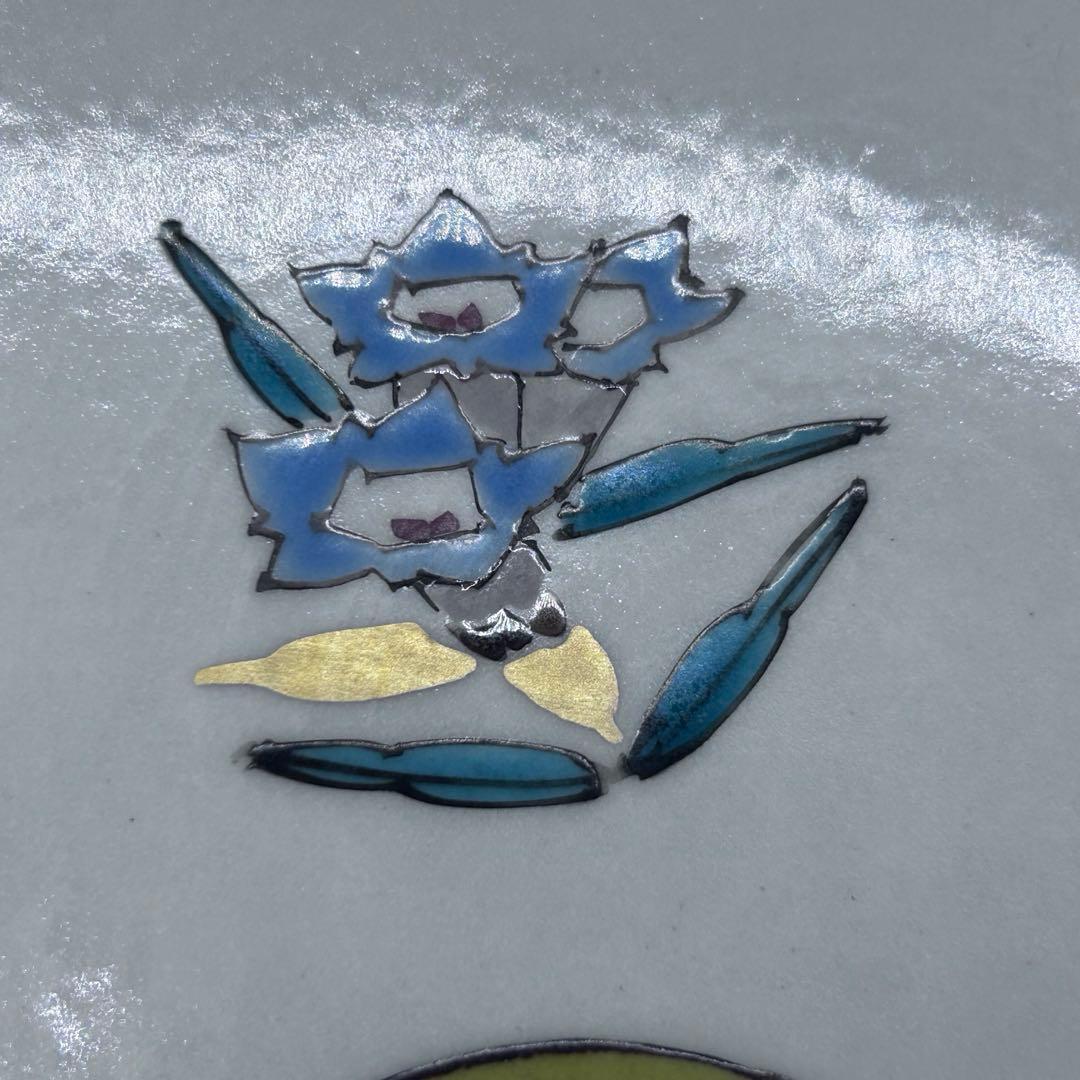 九谷焼 武腰潤 皿揃 色絵絵変り文 柘榴 茄子 蝶 輪花　408