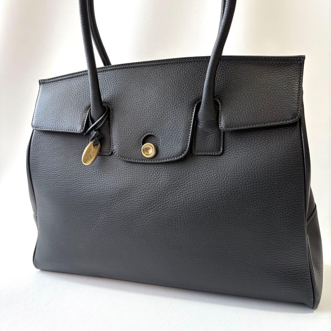 高級＊トフアンドロードストーン トートバッグ レザー フラップ 黒 L シボ革