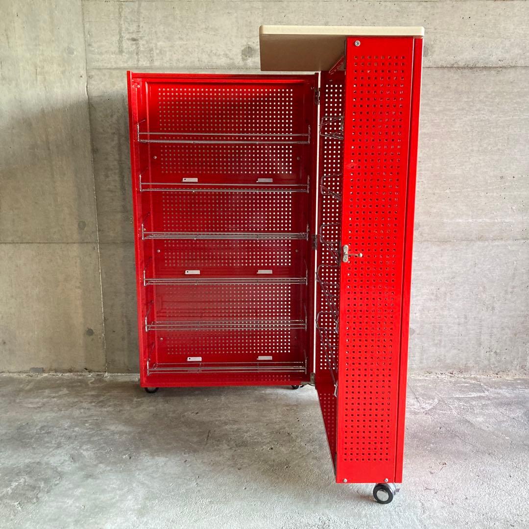 ラック シェルフ ワゴン 棚 開閉式 折り畳み キャスター付 赤色 ポップ 什器