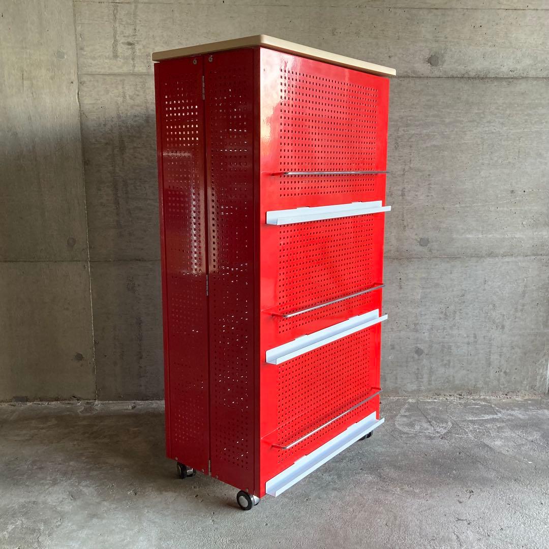ラック シェルフ ワゴン 棚 開閉式 折り畳み キャスター付 赤色 ポップ 什器
