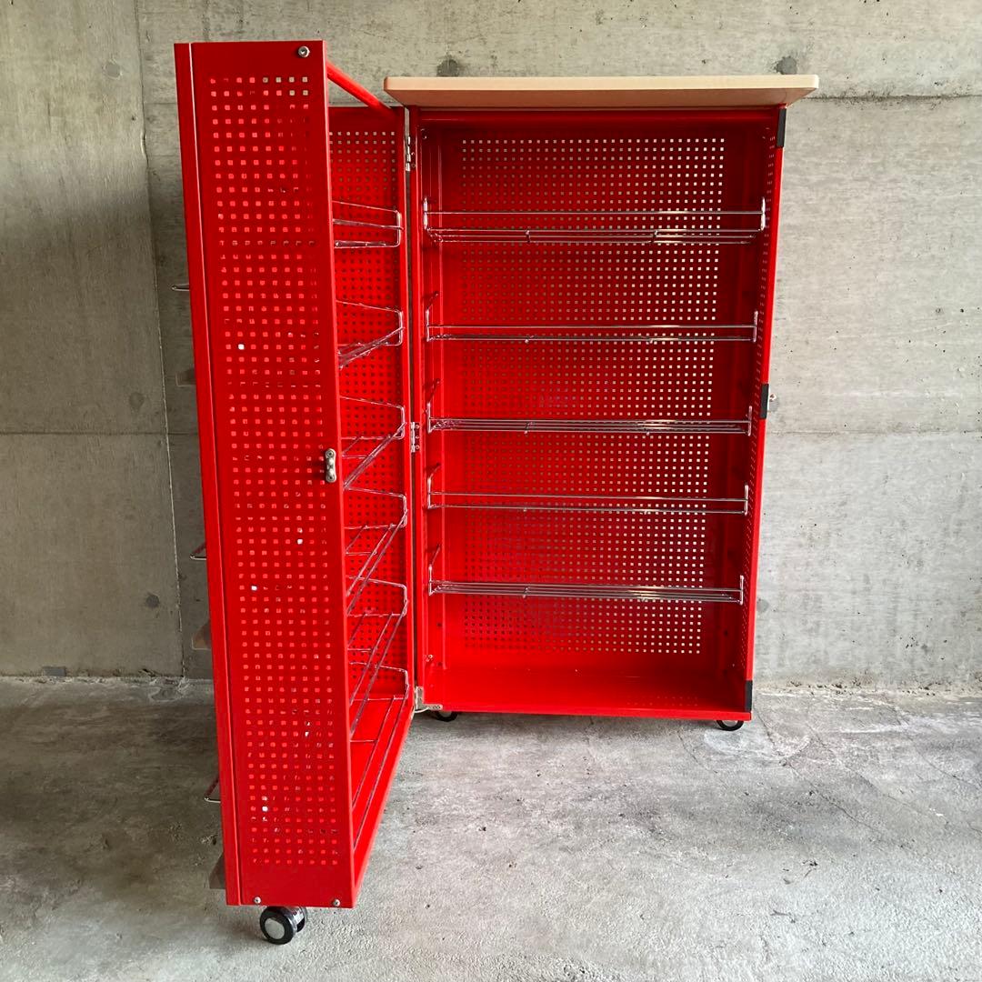 ラック シェルフ ワゴン 棚 開閉式 折り畳み キャスター付 赤色 ポップ 什器