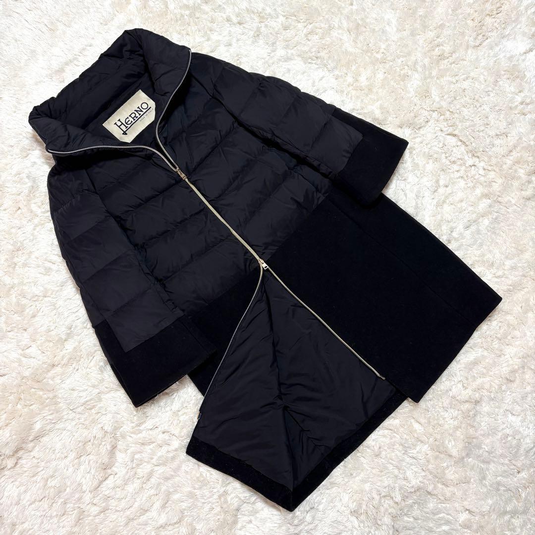 ヘルノ ウール 切替 異素材 切り替え スタンドカラー ダウン コート 44 黒