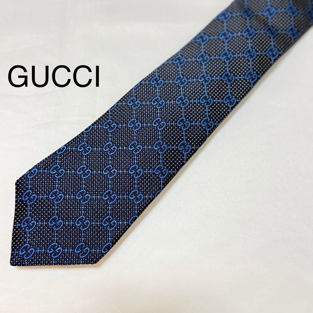 【美品】GUCCI シルク ネクタイ ブラック・ブルー GGパターン