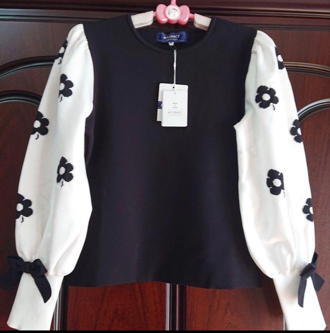 美品　エムズグレイシー　38 フラワー刺繍 袖ニットトップス