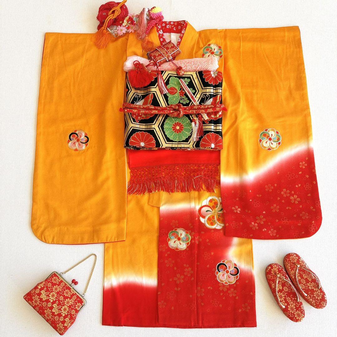 セット　七五三７歳女の子　着物＆帯＆簡単半衿＆小物　豪華刺繍　みかん色金銀刺繍桜