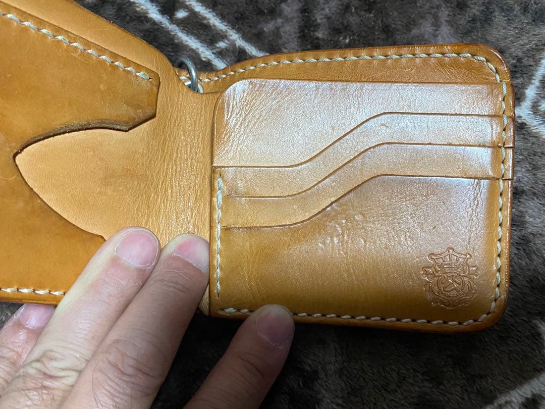 ビーズ屋公ちゃん レザー 二つ折り財布 ブラウン ウォレットロープ付き