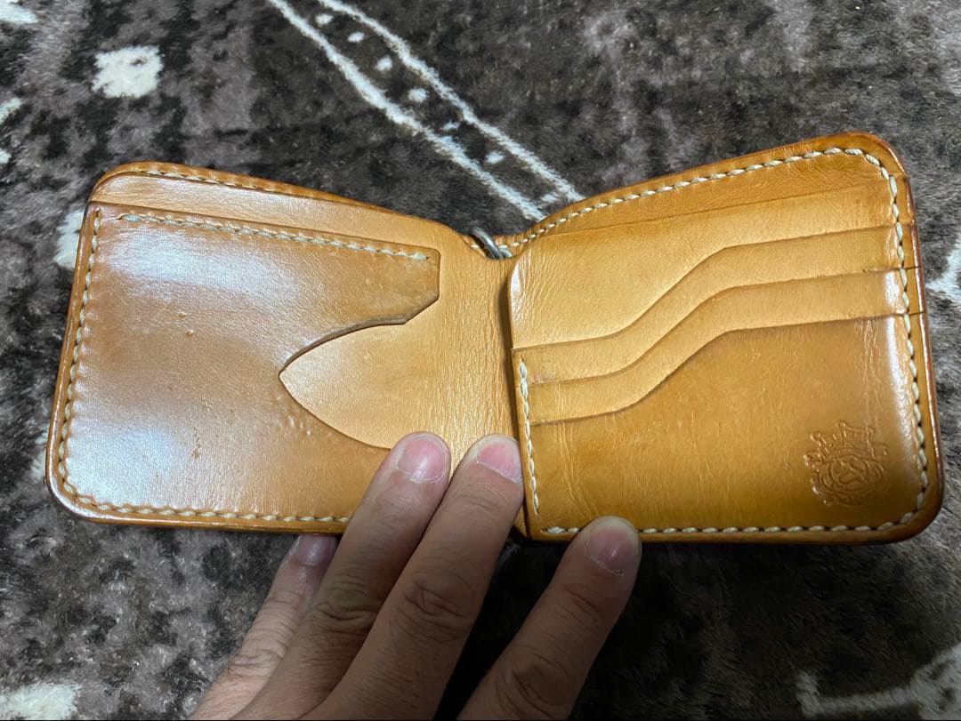 ビーズ屋公ちゃん レザー 二つ折り財布 ブラウン ウォレットロープ付き