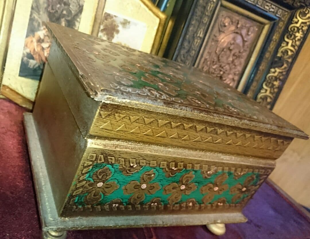 アンティーク オルゴール ジュエリーボックス 小物入れ 木製 ゴールド 金色 緑