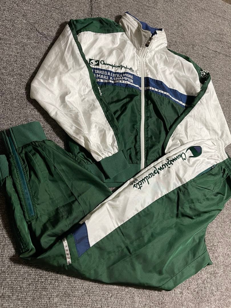 Champion ナイロン セットアップ 刺繍ロゴ 90s レアカラー L 上下
