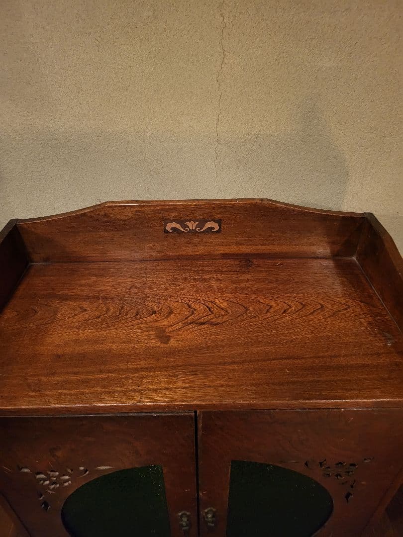 緑 ダイヤガラス　透かし彫り　本棚　本箱　キャビネット　大正ロマン　アンティーク