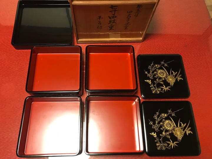 輪島塗 四君子 沈金 4段 重箱 重箱台付