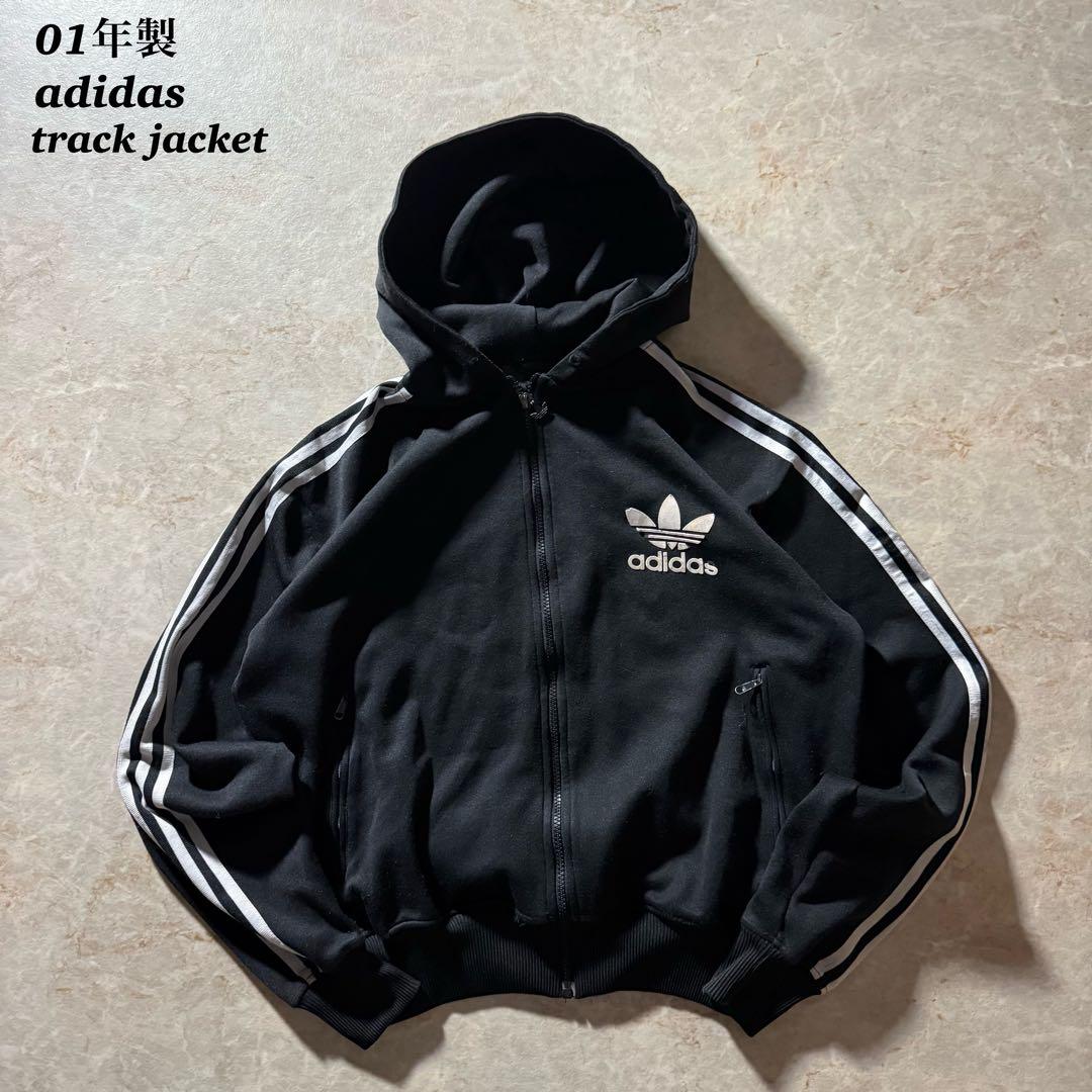 01年製adidasジップアップパーカートラックジャケット短丈スポーツMIX黒