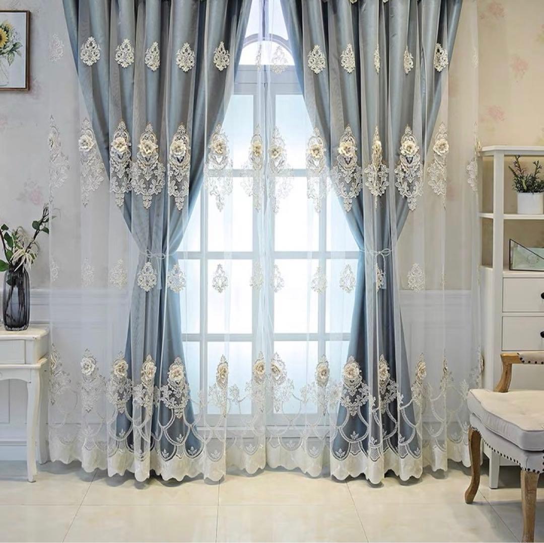 一体型カーテン　4枚セット　両開き　立体 刺繍レースカーテン　遮光　送料無料