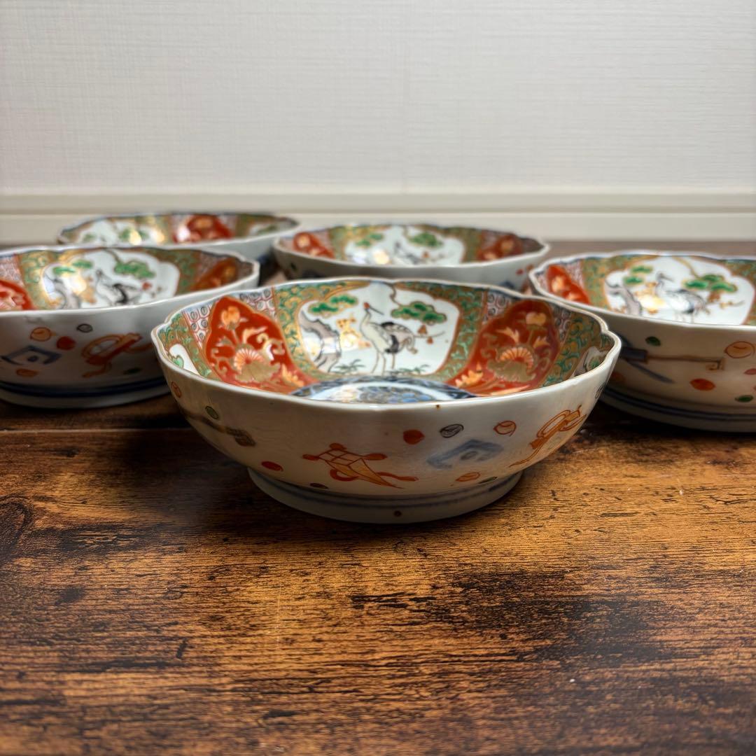 古伊万里　赤絵金彩鶴図なます皿五客　鉢/深鉢/お皿/アンティーク