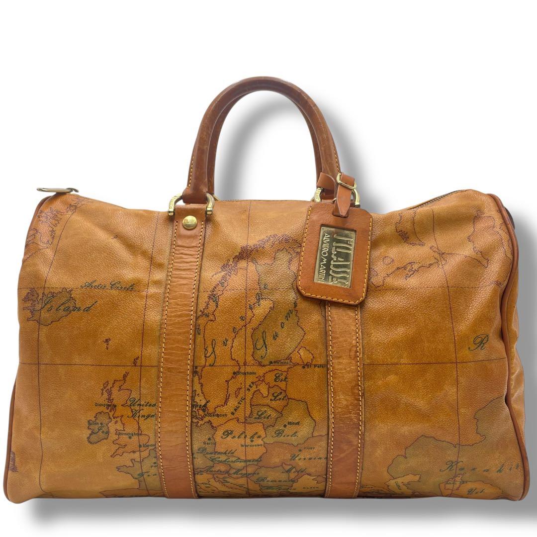 美品✨プリマクラッセ 2way ボストンバッグ PVC×レザー 地図柄 チャーム