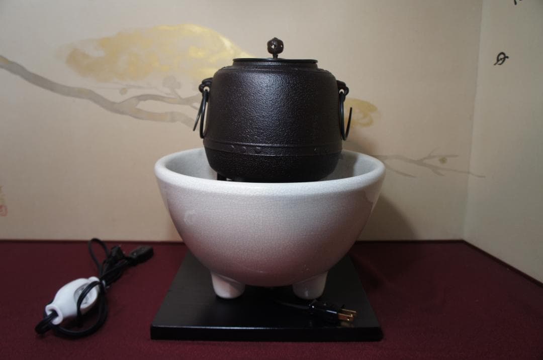 ☆ 野々田 さつま風炉(紅鉢型)電熱器 在銘 萬代屋小釜 釜鐶他フルセット送料込