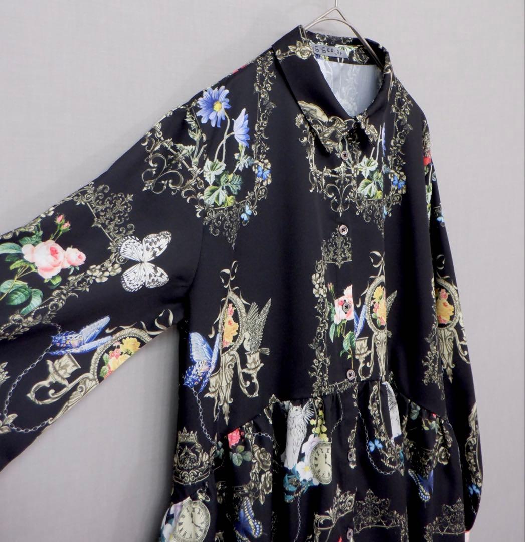 ☆新品タグ付 イズスカラー　553282：ヴィンテージ風額縁柄シャツワンピース