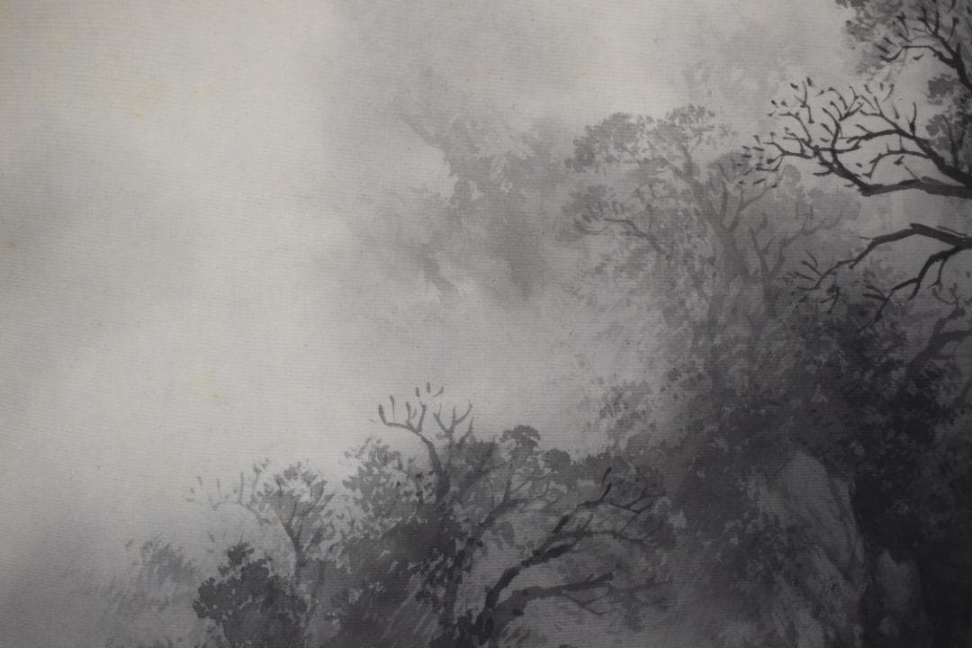 【真作】吉井春堂/滝山水図/横物/水墨山水図/掛軸☆宝船☆Z-156