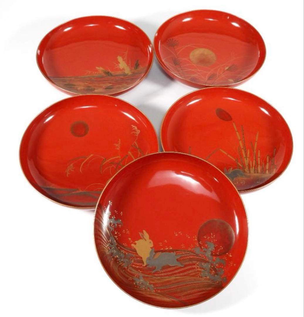 明治　朱塗　金蒔絵　漆器　木製　五ツ組　大盃 5点セット 直径約23.5cm