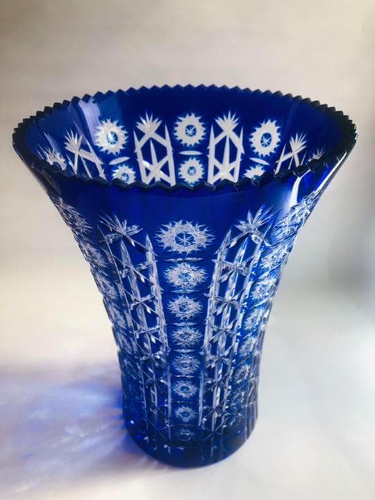 切子 青被せ ガラス 花瓶 カットガラス フラワーベース