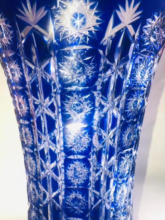 切子 青被せ ガラス 花瓶 カットガラス フラワーベース