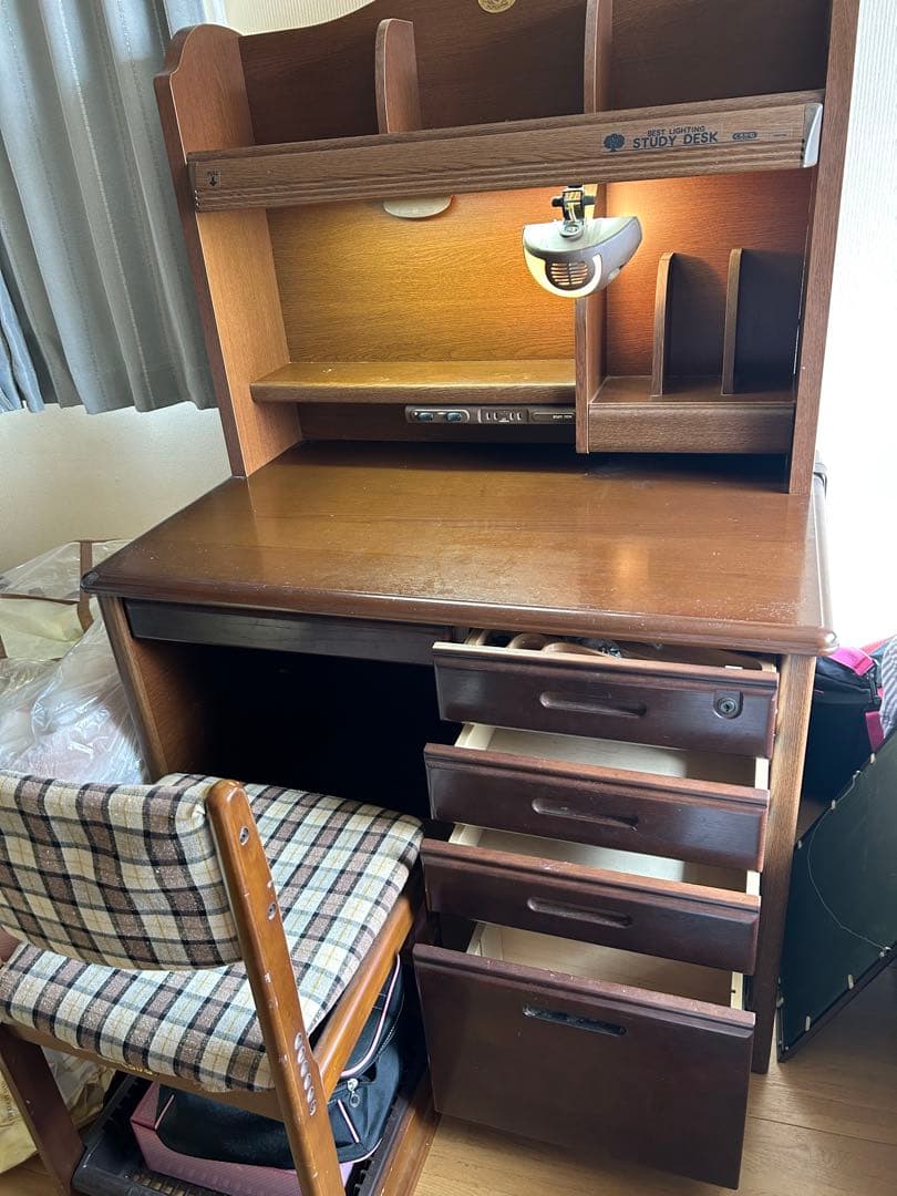 ブラウン 学習机 引き出し5つ 椅子付き