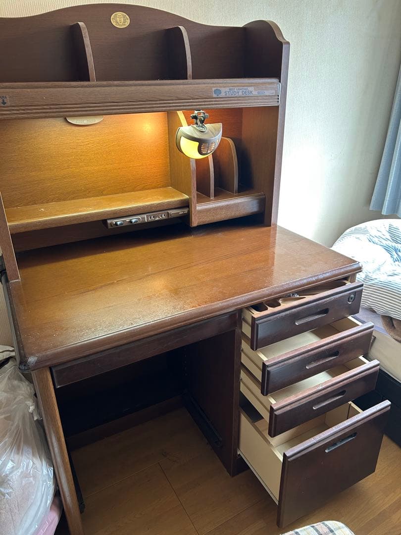 ブラウン 学習机 引き出し5つ 椅子付き