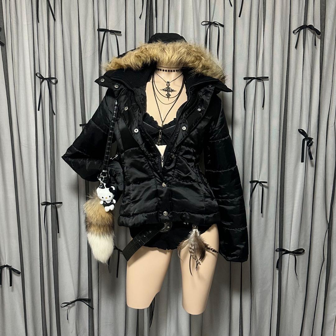 平成ギャル y2k　光沢　リアルファー付きダウン　短丈　お兄系　グランジ　黒