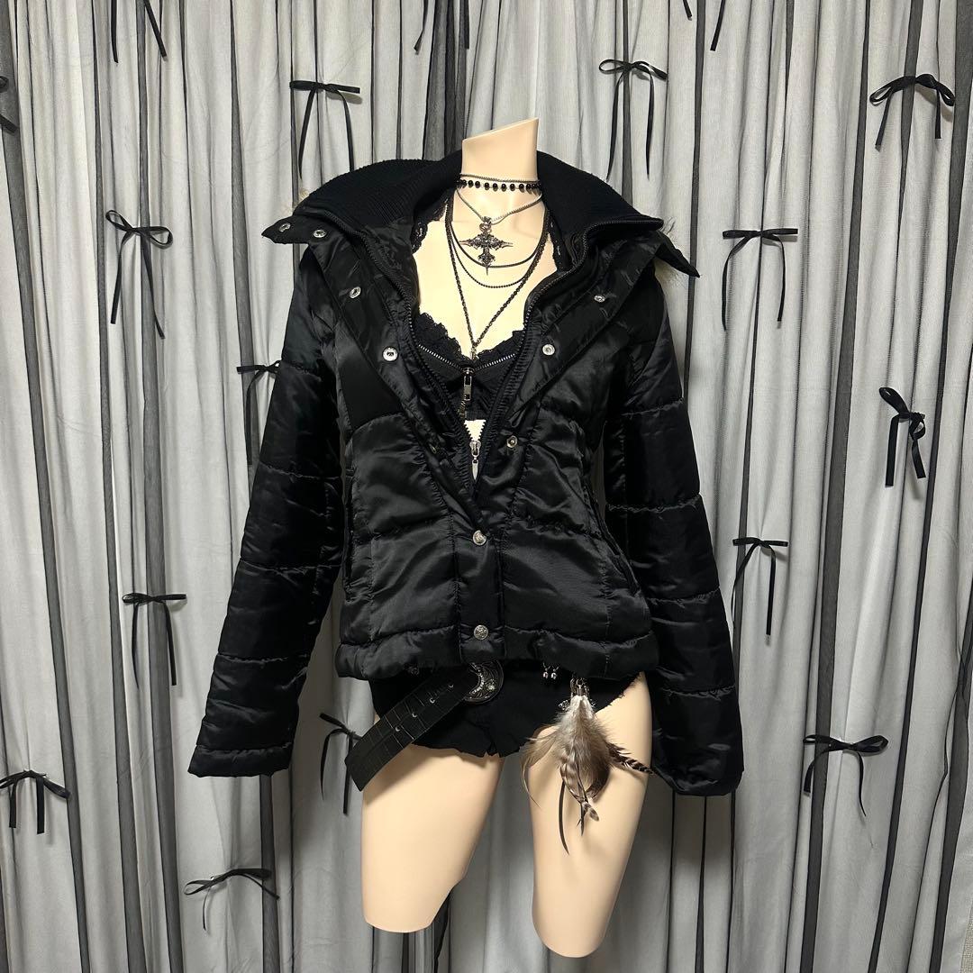 平成ギャル y2k　光沢　リアルファー付きダウン　短丈　お兄系　グランジ　黒