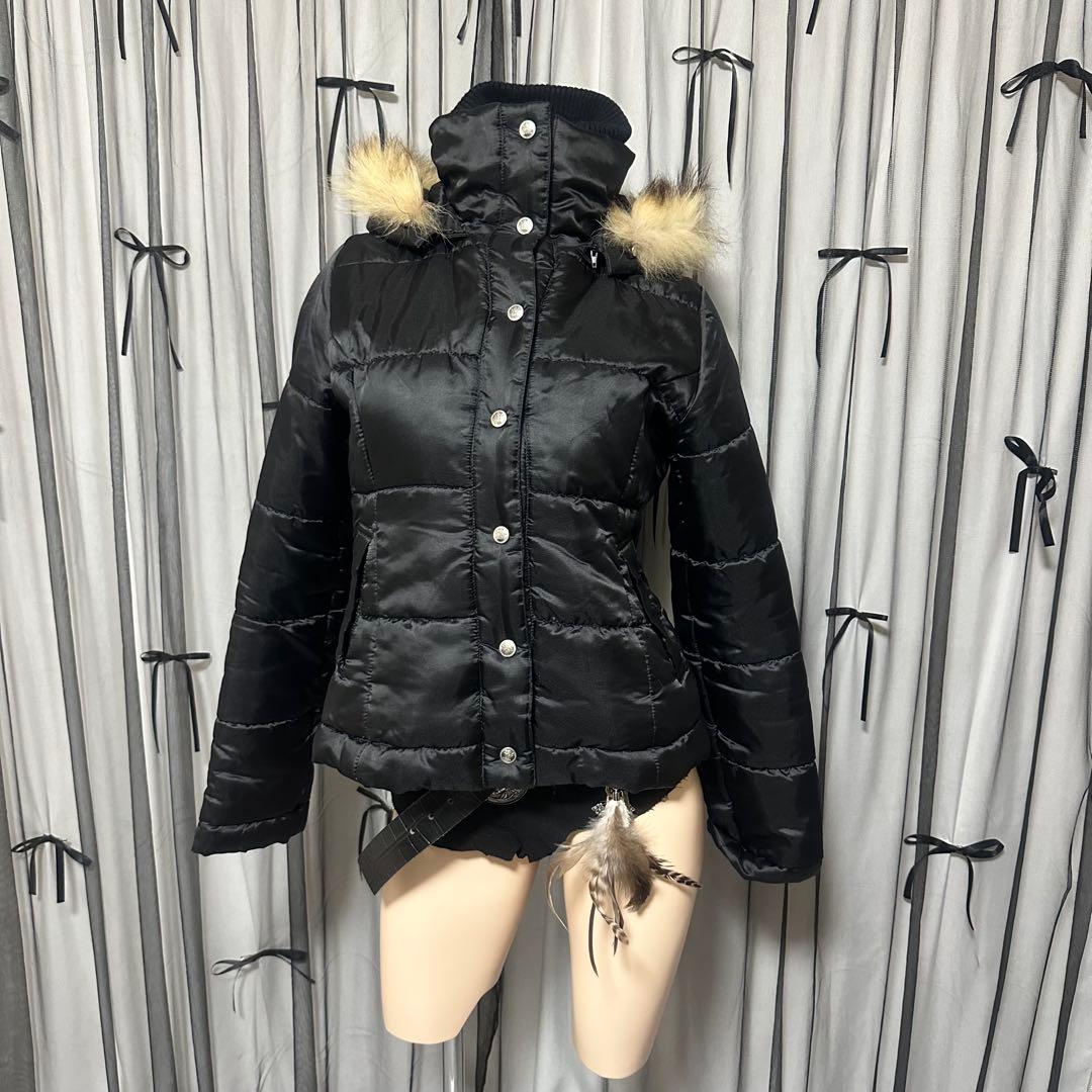 平成ギャル y2k　光沢　リアルファー付きダウン　短丈　お兄系　グランジ　黒