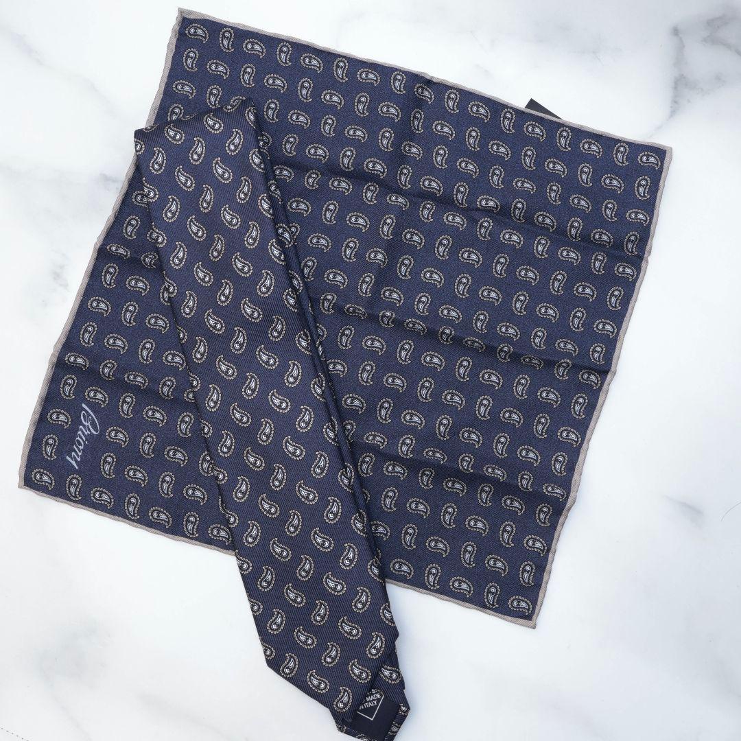 Brioni ネイビー ペイズリー ネクタイ チーフ セット ブリオーニ