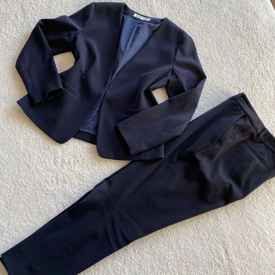 【美品】ナチュラルビューティベーシック パンツスーツ ノーカラー ネイビー Ｍ