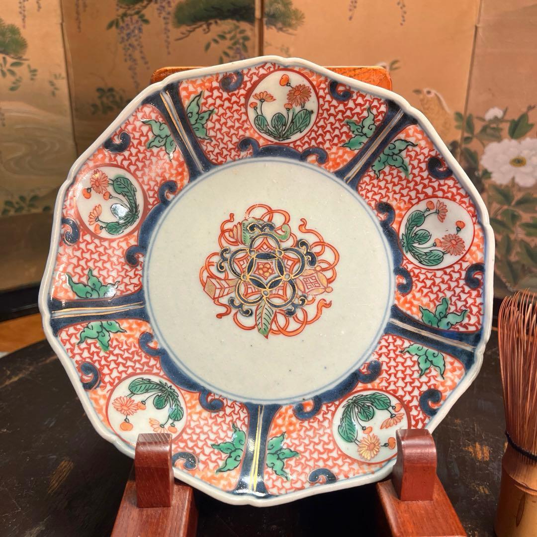 【特別出品】古伊万里　元禄伊万里　柿右衛門　色絵　宝丸紋　輪花型皿