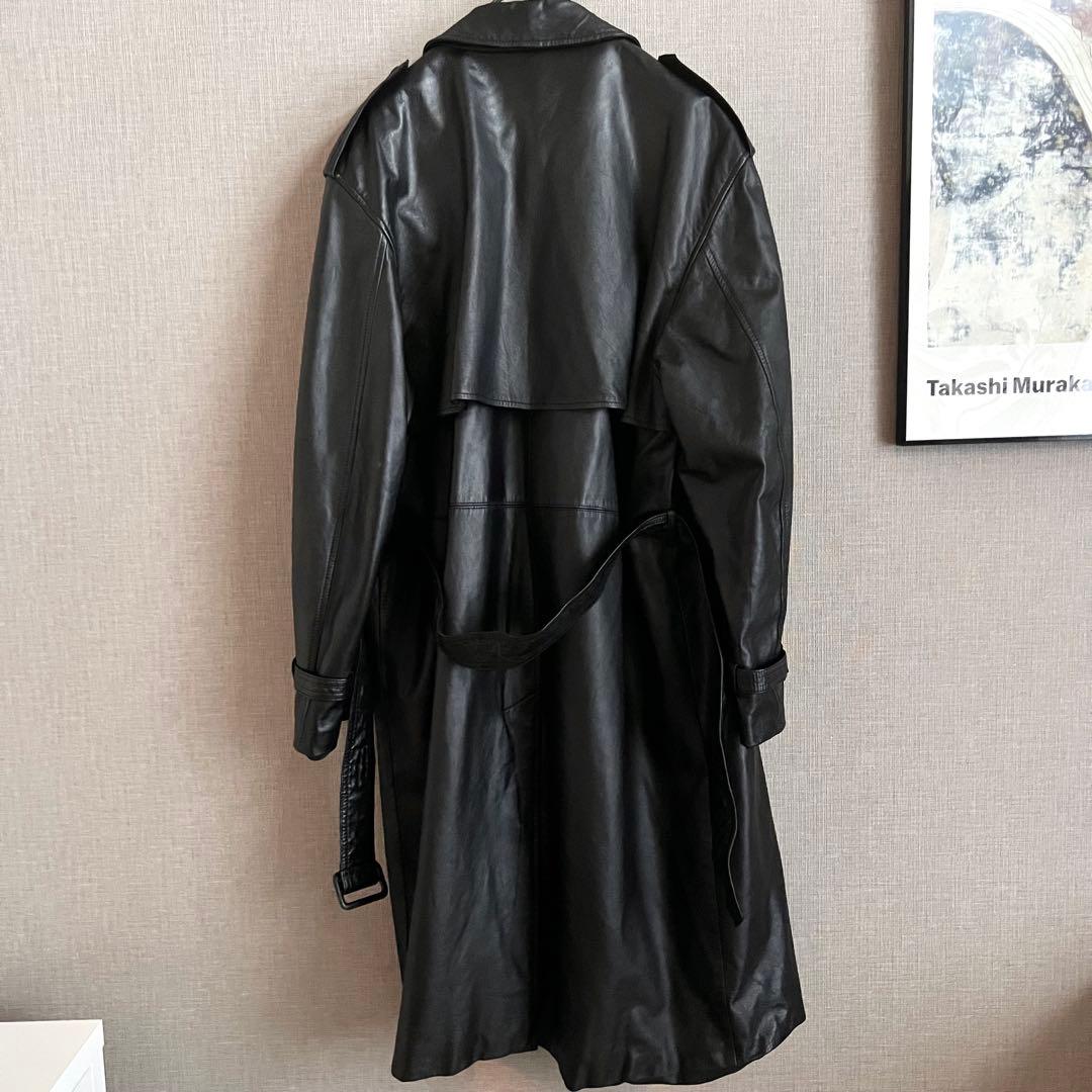 美品 ヴィンテージ マキシ丈 カウレザートレンチコート 牛革 ブラック 古着