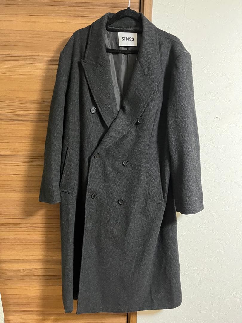 SINSS クラシックウールブレンドツイードコート チャコール Lサイズ