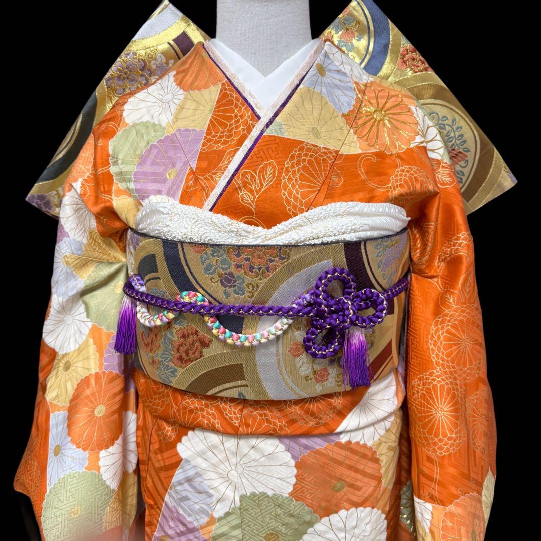 振袖５点セット　セミアンティーク　菊模様　西陣織袋帯　成人式　161.5cm位迄