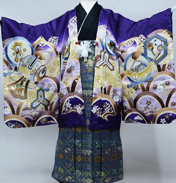 七五三 五歳 男児 羽織袴フルセット L寸 紫地 鷹 袴変更可能 NO38761